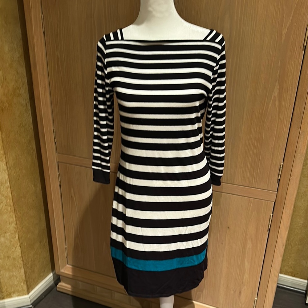 Striped Black and White Dress with Teal Accent